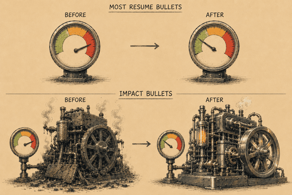 A visual showing two versions of a story. IN the simple version, a gauge goes from red to green. In the more complete story, the gauge is attached to a machine that goes from broken down and dusty to sparkling and high performing.