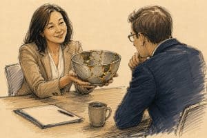 Job candidate presenting a kintsugi-repaired bowl to an interviewer, illustrating how naming a real weakness or failure, gold-seamed rather than hidden, becomes the strongest answer