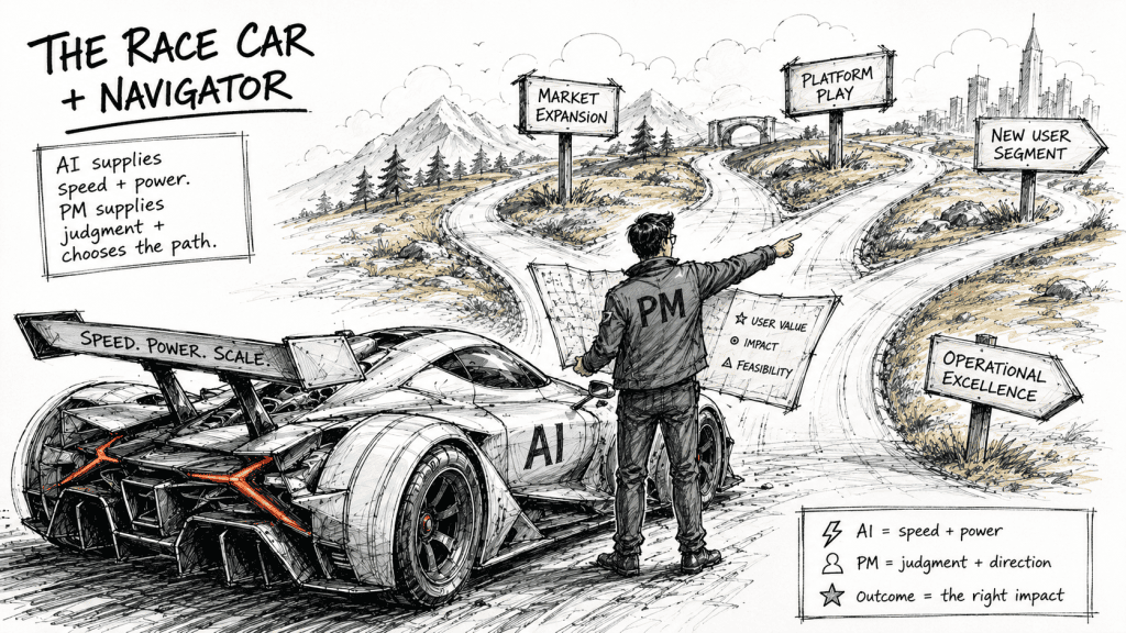 Product manager AI judgment: navigator charting direction while the AI engine runs at full power
