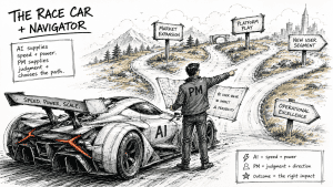 Product manager AI judgment: navigator charting direction while the AI engine runs at full power