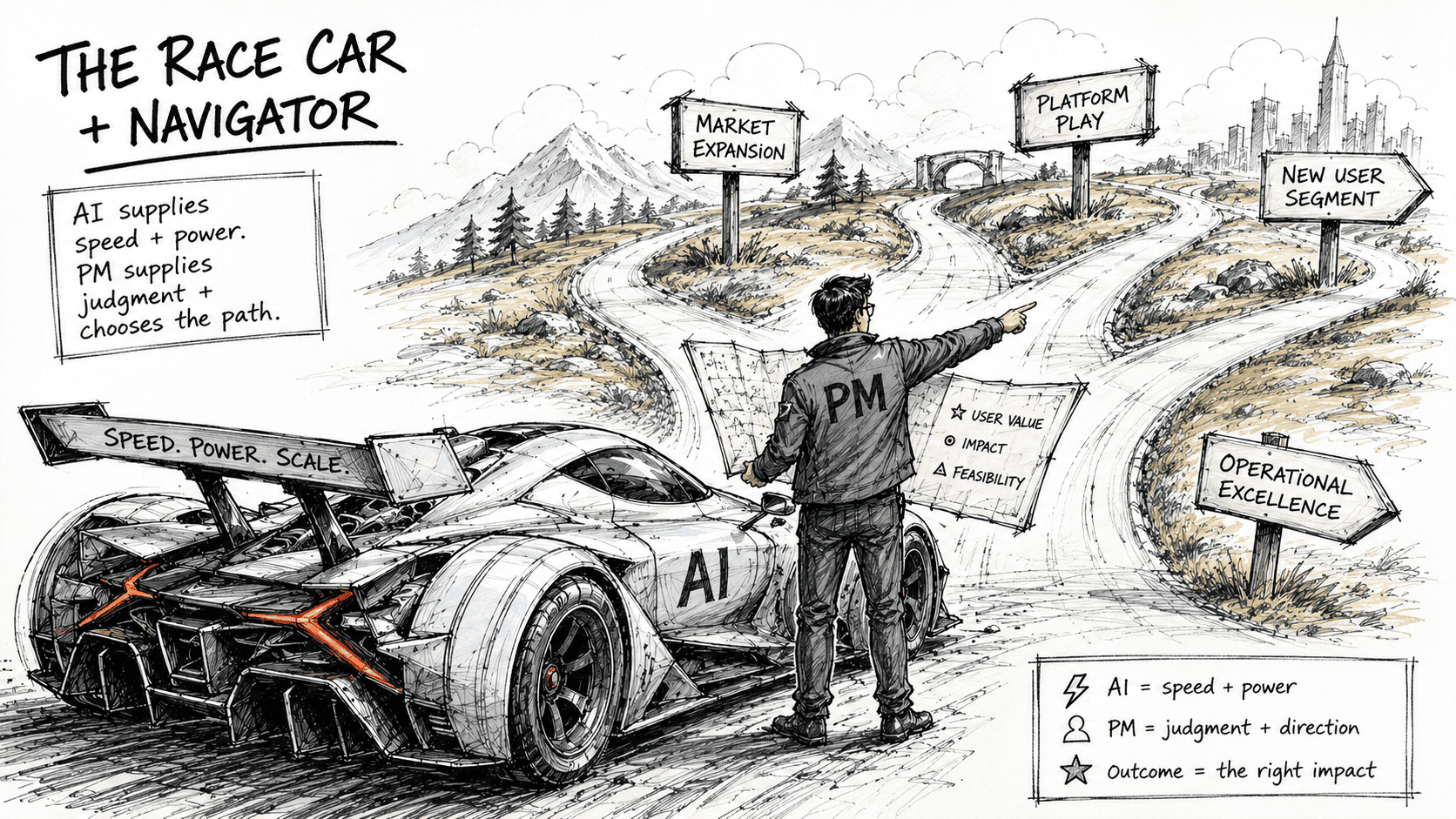 Product manager AI judgment: navigator charting direction while the AI engine runs at full power