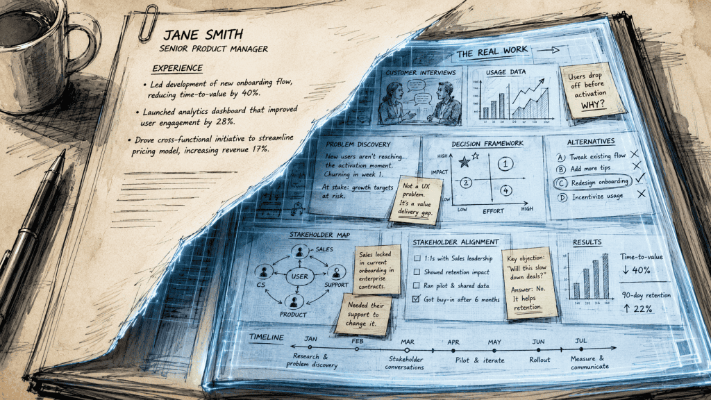 What's hidden behind the resume. An illustration of a resume - and behind it are the decisions and challenges that went into what the resume is talking about.