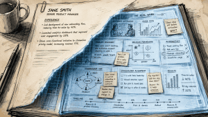 What's hidden behind the resume. An illustration of a resume - and behind it are the decisions and challenges that went into what the resume is talking about.