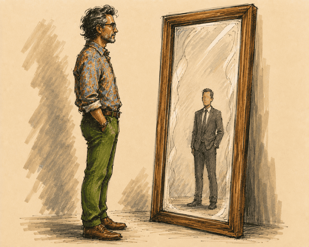 Creative man facing a boring generic reflection in a mirror, representing that his resume does not show the real person because it's been genericized.