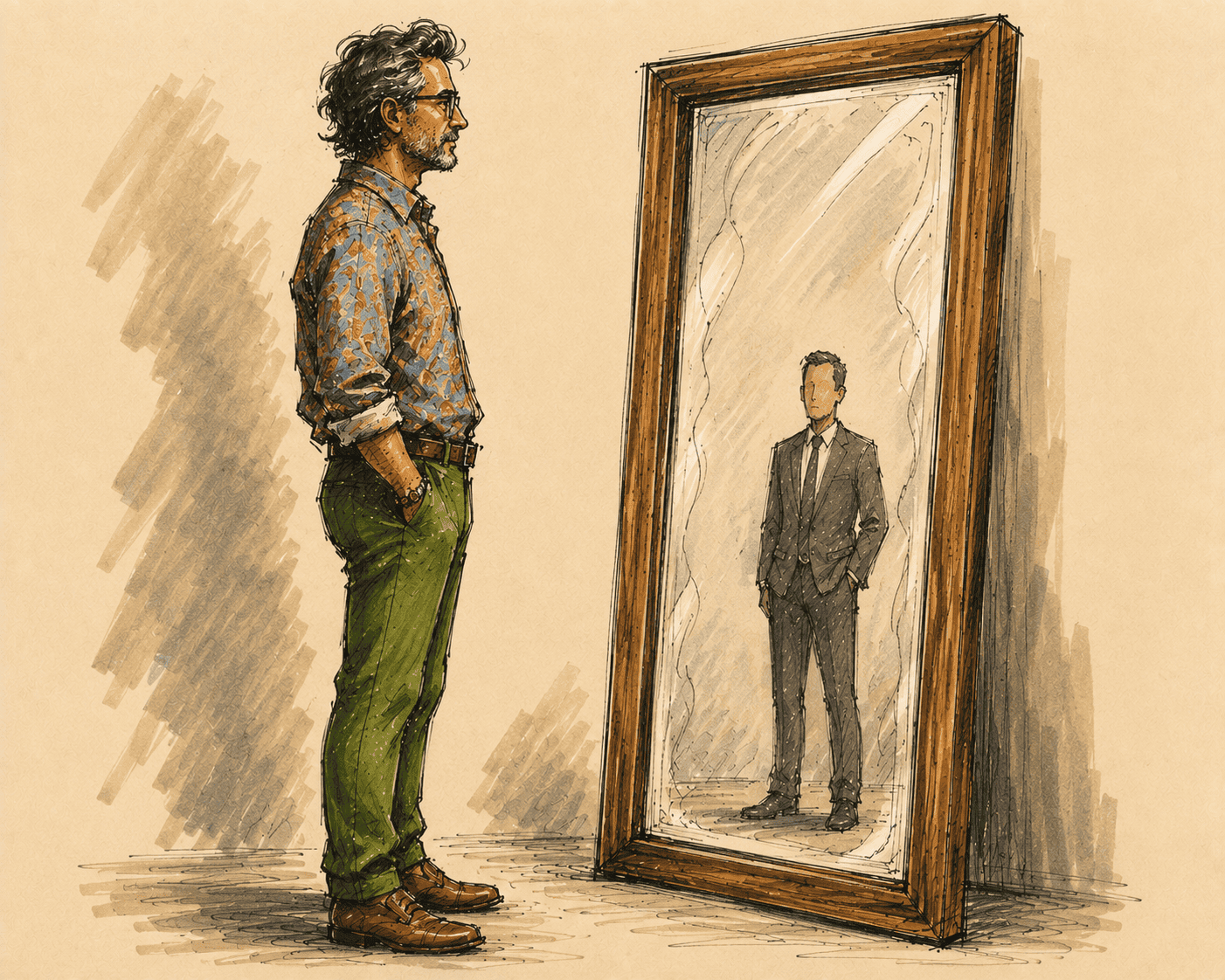 Creative man facing a boring generic reflection in a mirror, representing that his resume does not show the real person because it's been genericized.